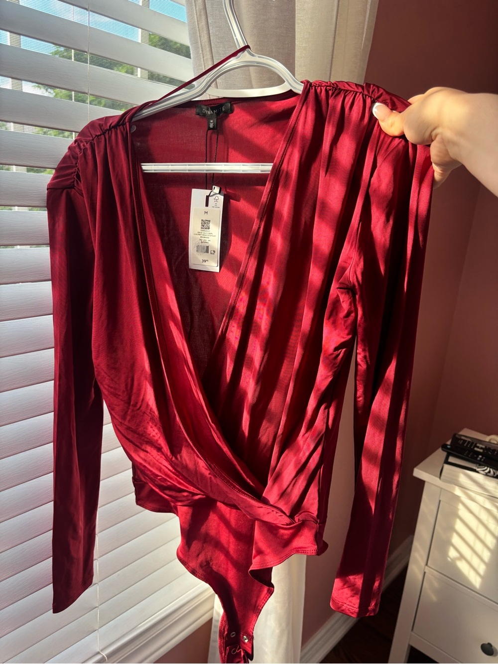 Women's Burgundy red Wrap Bodysuit - Elegant Long Sleeve Top